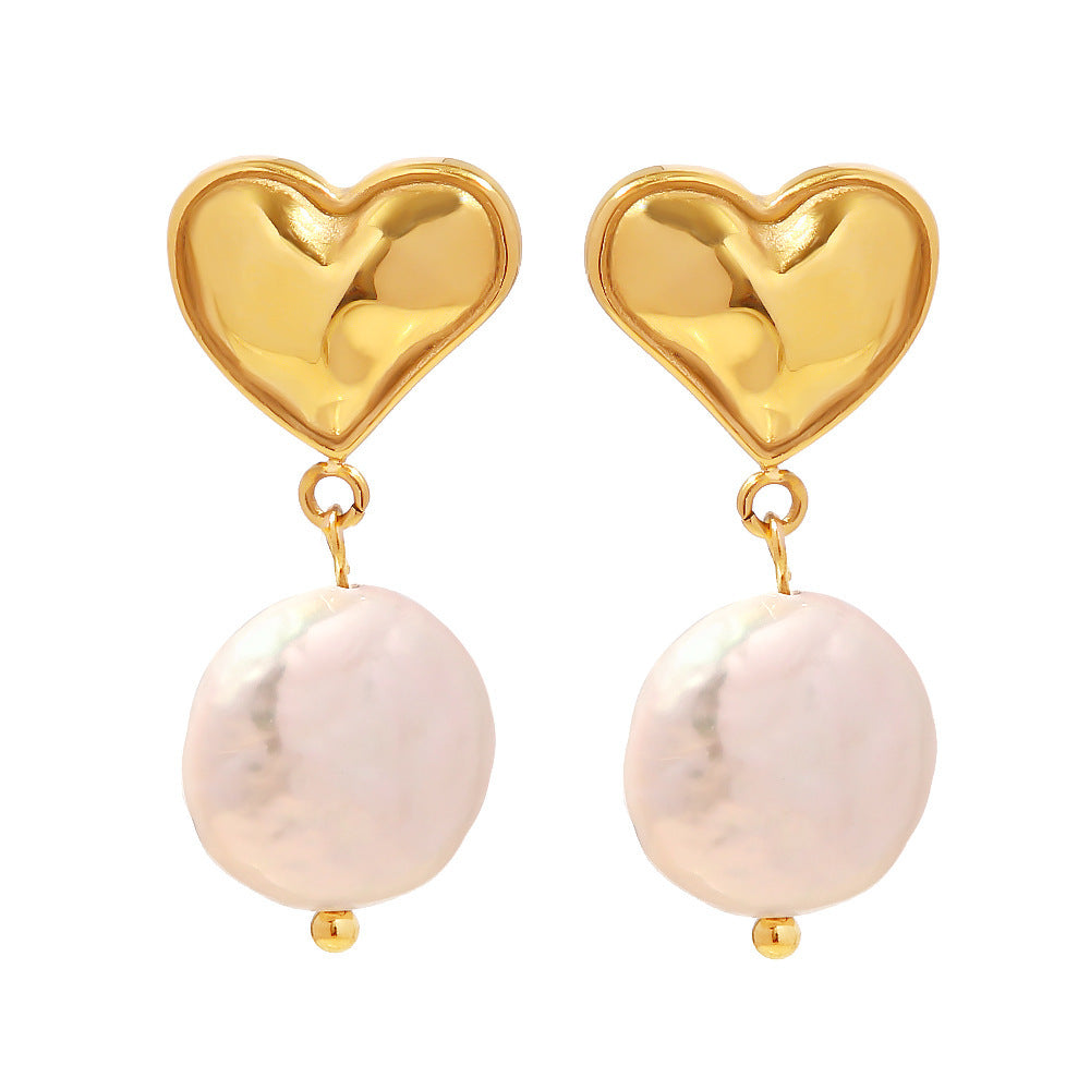18K Gold Light Luxury Retro Style Heart with Baroque Pearl Design Pendant Earrings