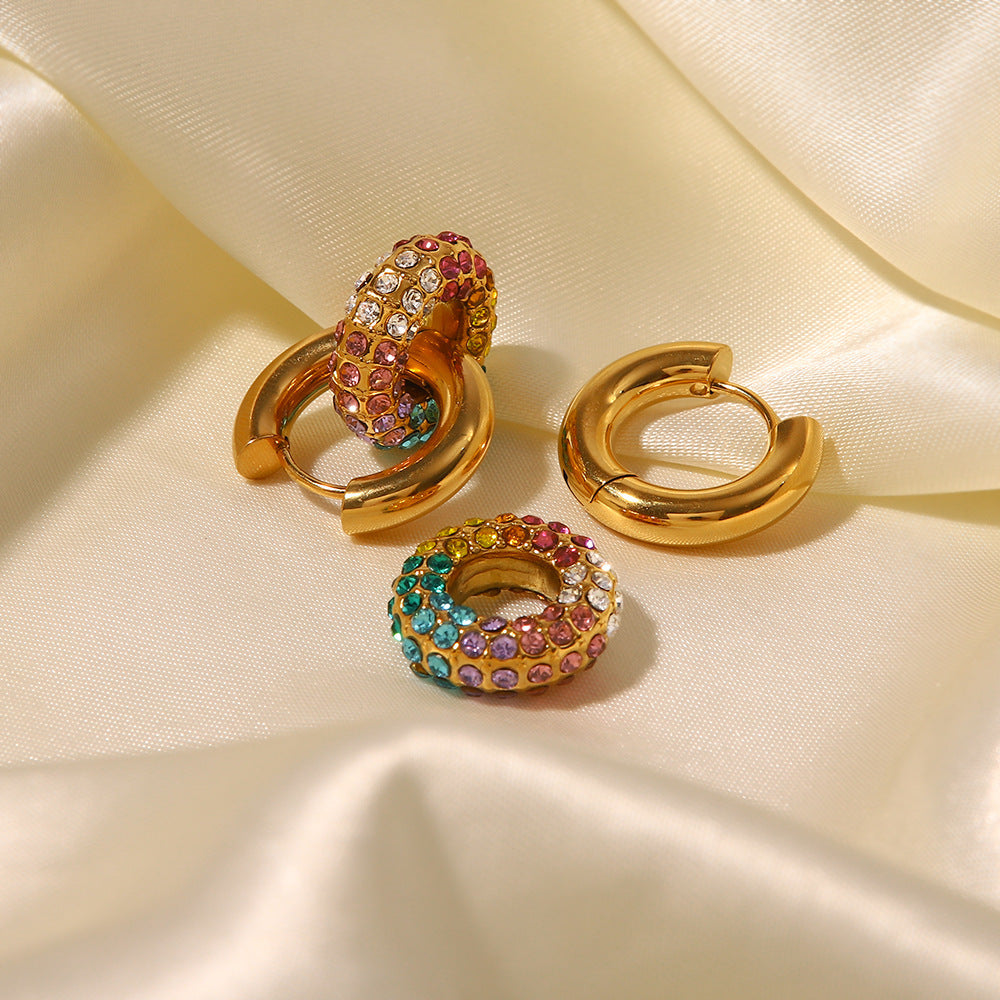 18k Gold Fashion Exquisite Colorful Diamond Donut Design Versatile Earrings "