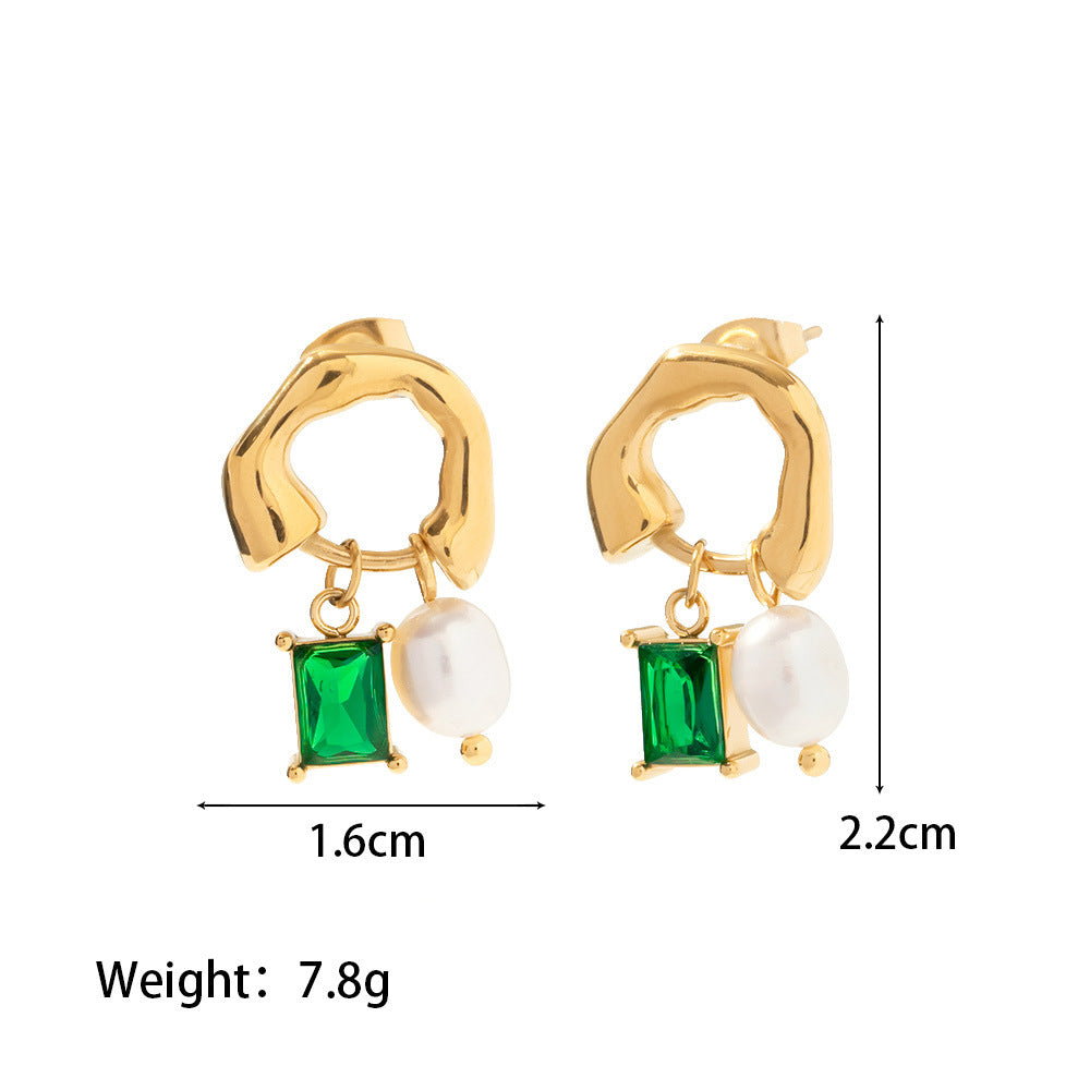 18K Gold Plated Inlaid White Green Zircon Natural Freshwater Pearl Drop Earrings