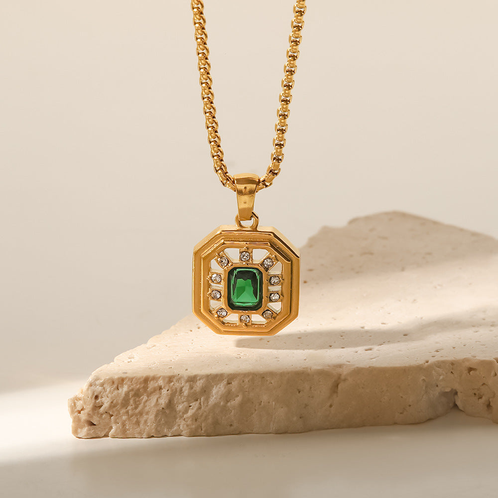 18K gold plated inlaid green zircon simple versatile necklace