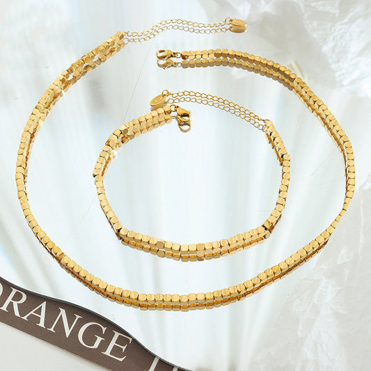 18K Gold Fashion Square Design Versatile Necklace Anklet Set
