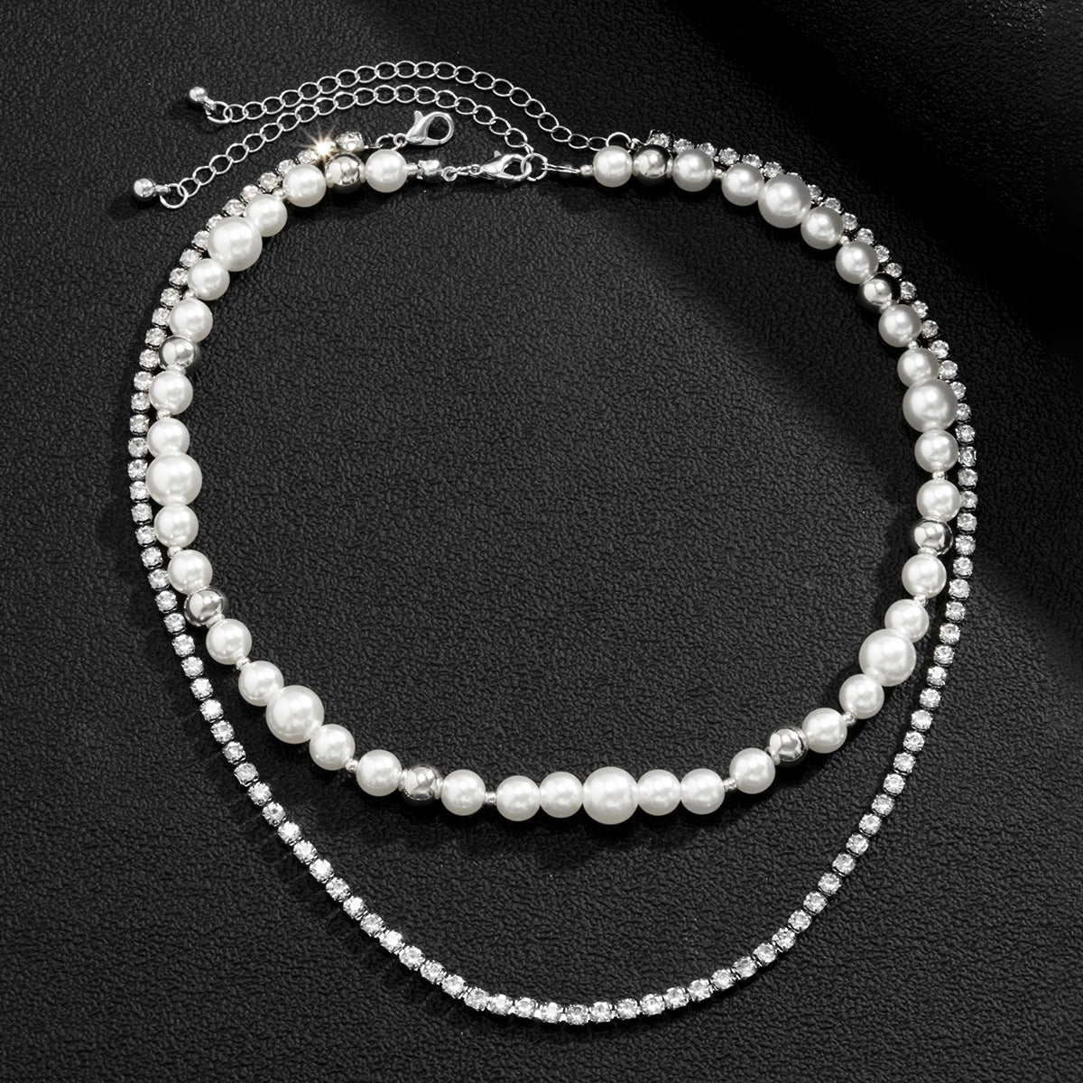 Men Fashion Stitching Double Pearl and Diamond Chain Necklace