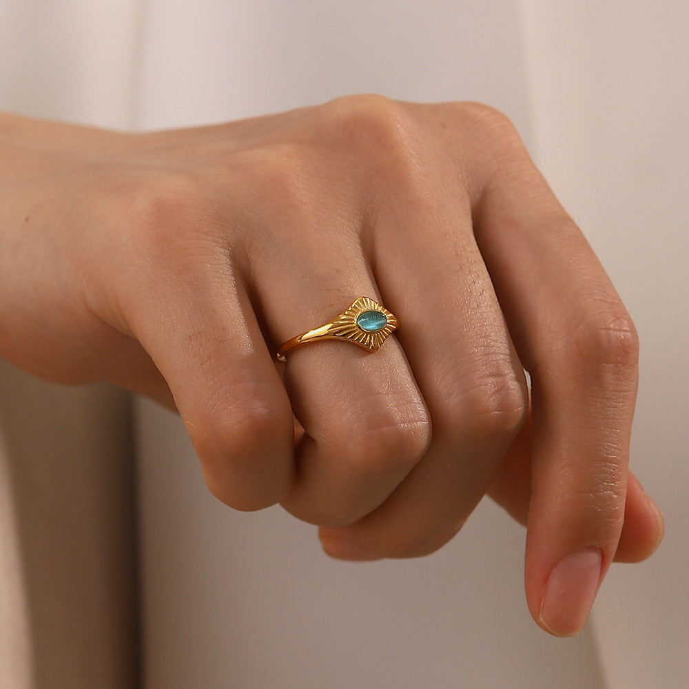 18K gold inlaid blue opal ring