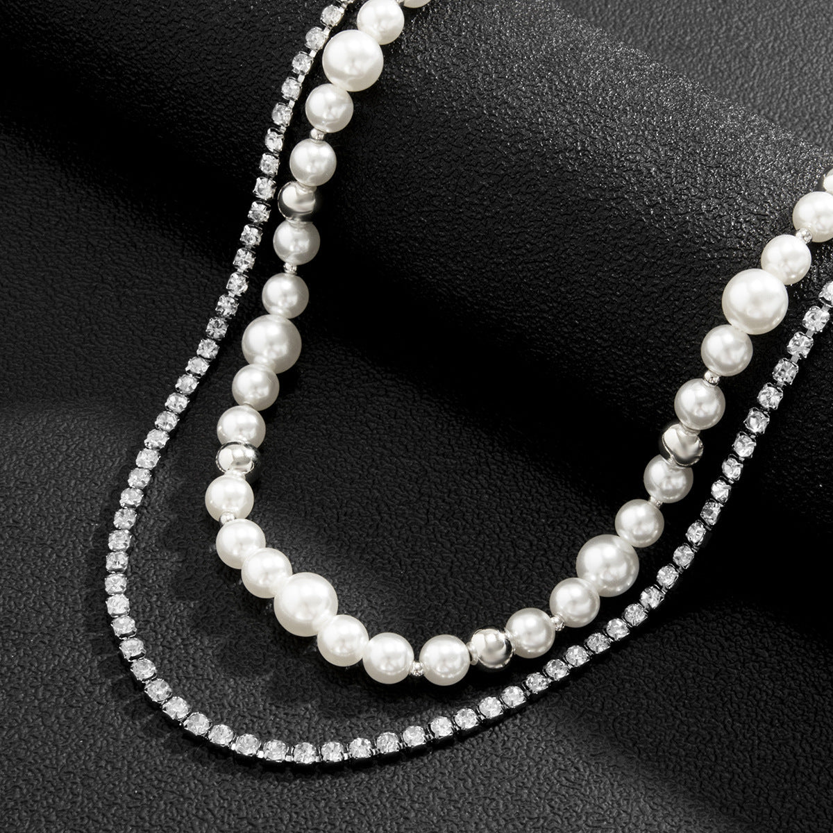 Men Fashion Stitching Double Pearl and Diamond Chain Necklace
