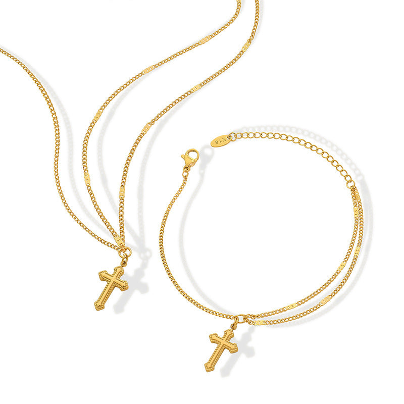 18k Gold Exquisite Cross Design Necklace Bracelet Set