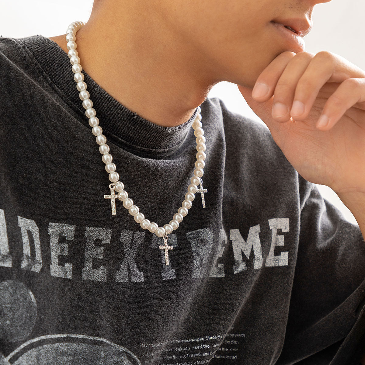 Men Fashion personality cross diamond design with pearl hip-hop necklace