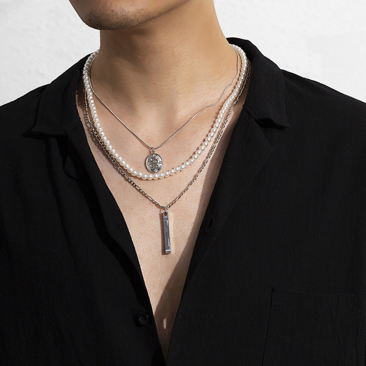 Men Fashion Multi-layered Pearl Snake Bone Chain Dragon Tag Rectangular Pendant men Necklace