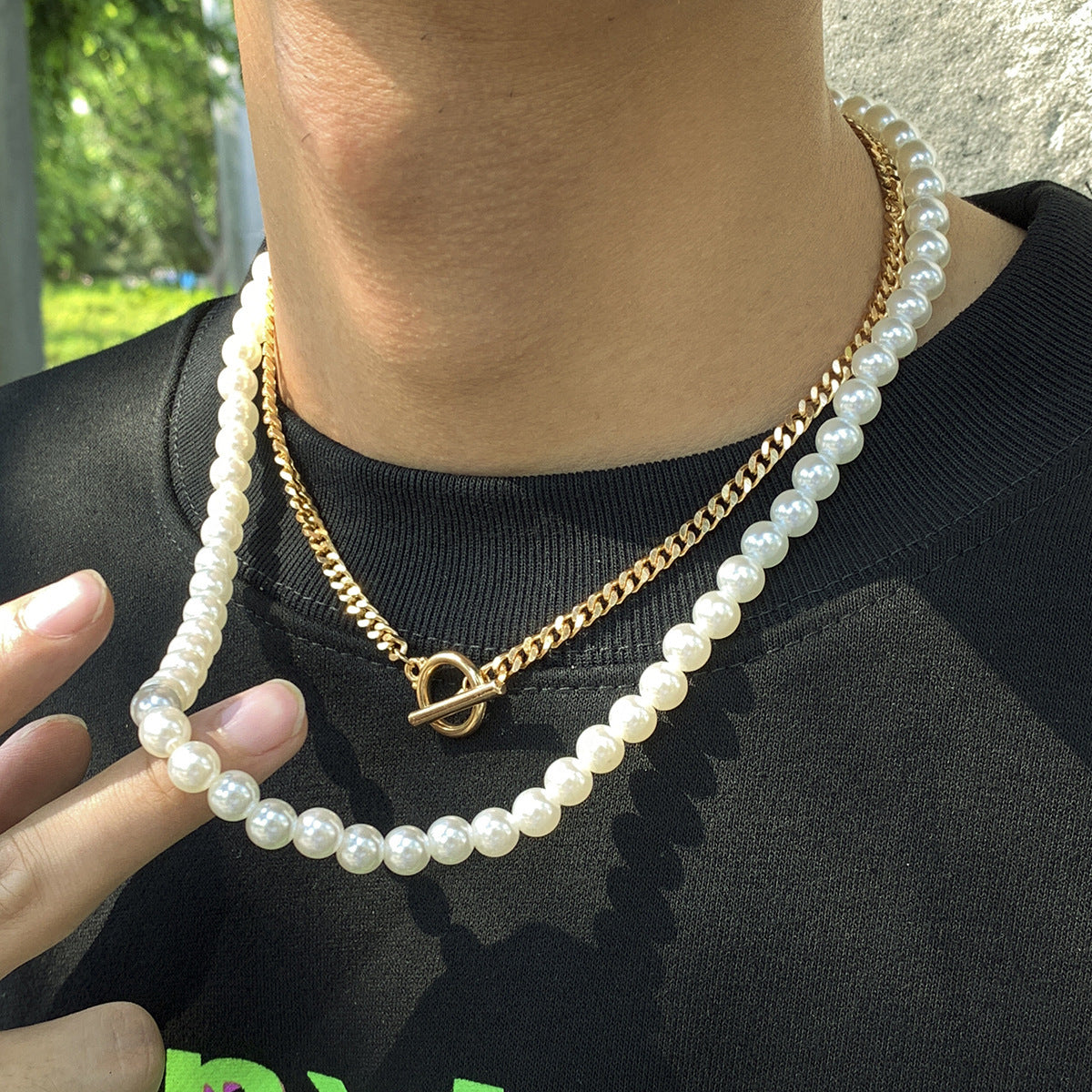 Men Vintage Pearl Double Layer Street Hip Hop Design Necklace
