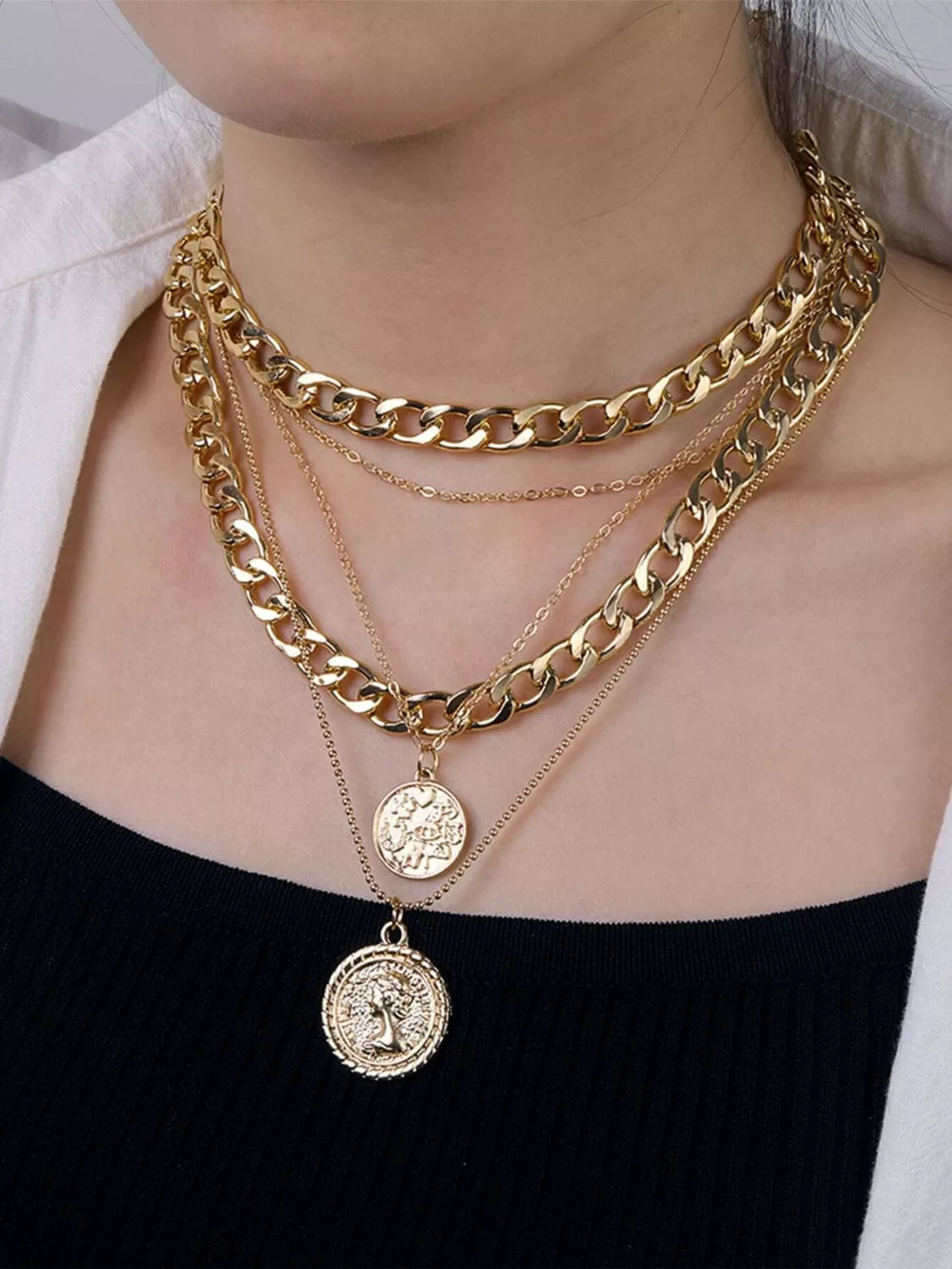 N22.Figure Graphic Round Charm Layered Necklace - Elle Royal Jewelry