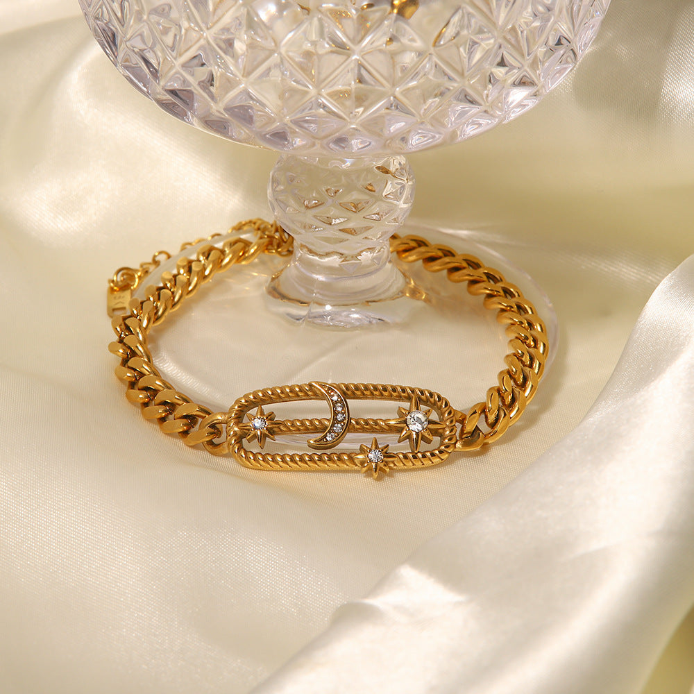 18K Gold Simple Retro Diamond Heart/Star Design Punk Bracelet Necklace Set