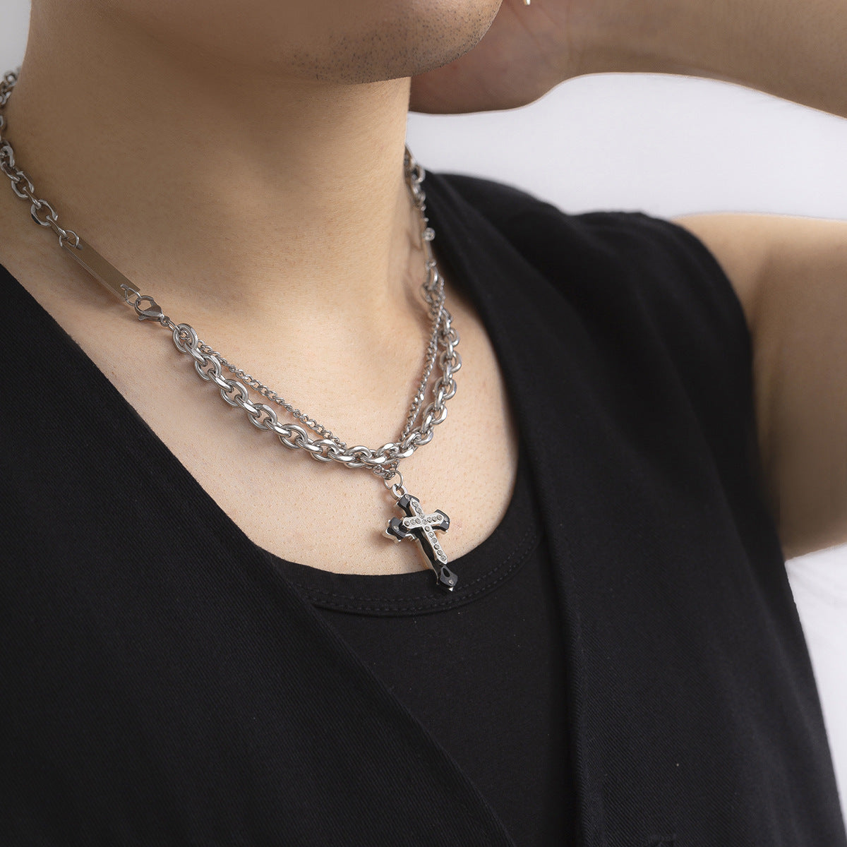Men Fashion Double Diamond Cross Hip Hop Pendant Necklace