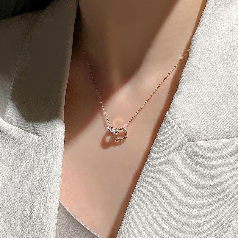 N9.18k Rose Gold Double Hoop Diamond Necklace - Elle Royal Jewelry