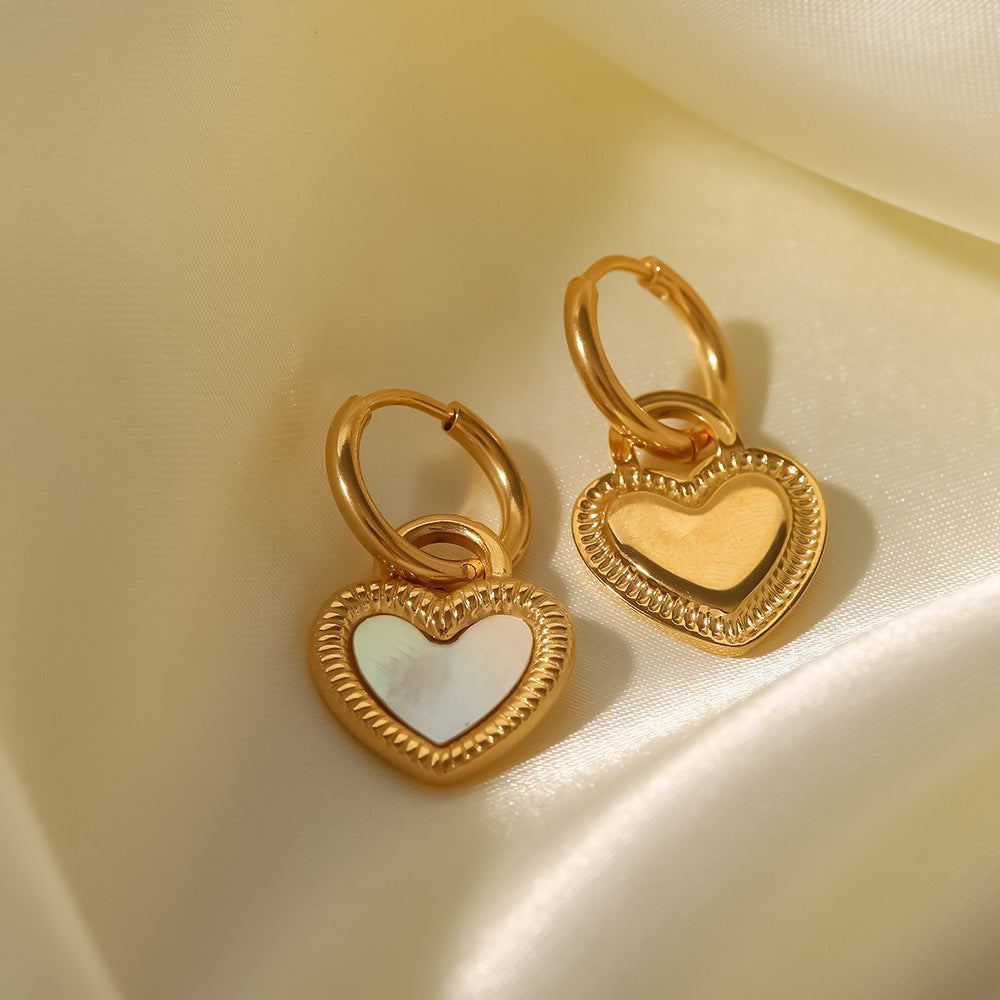 18k Gold Plated Inlaid White Natural Shell Heart Lock Design Pendant Earrings