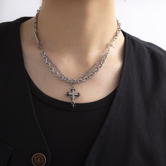Men Fashion Double Diamond Cross Hip Hop Pendant Necklace