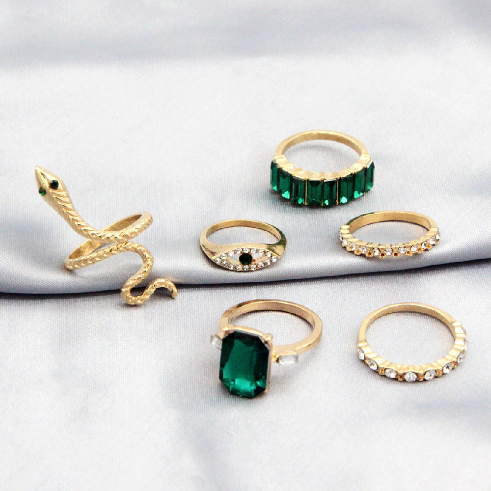 Vintage Diamond Emerald Serpentine 6-Piece Ring