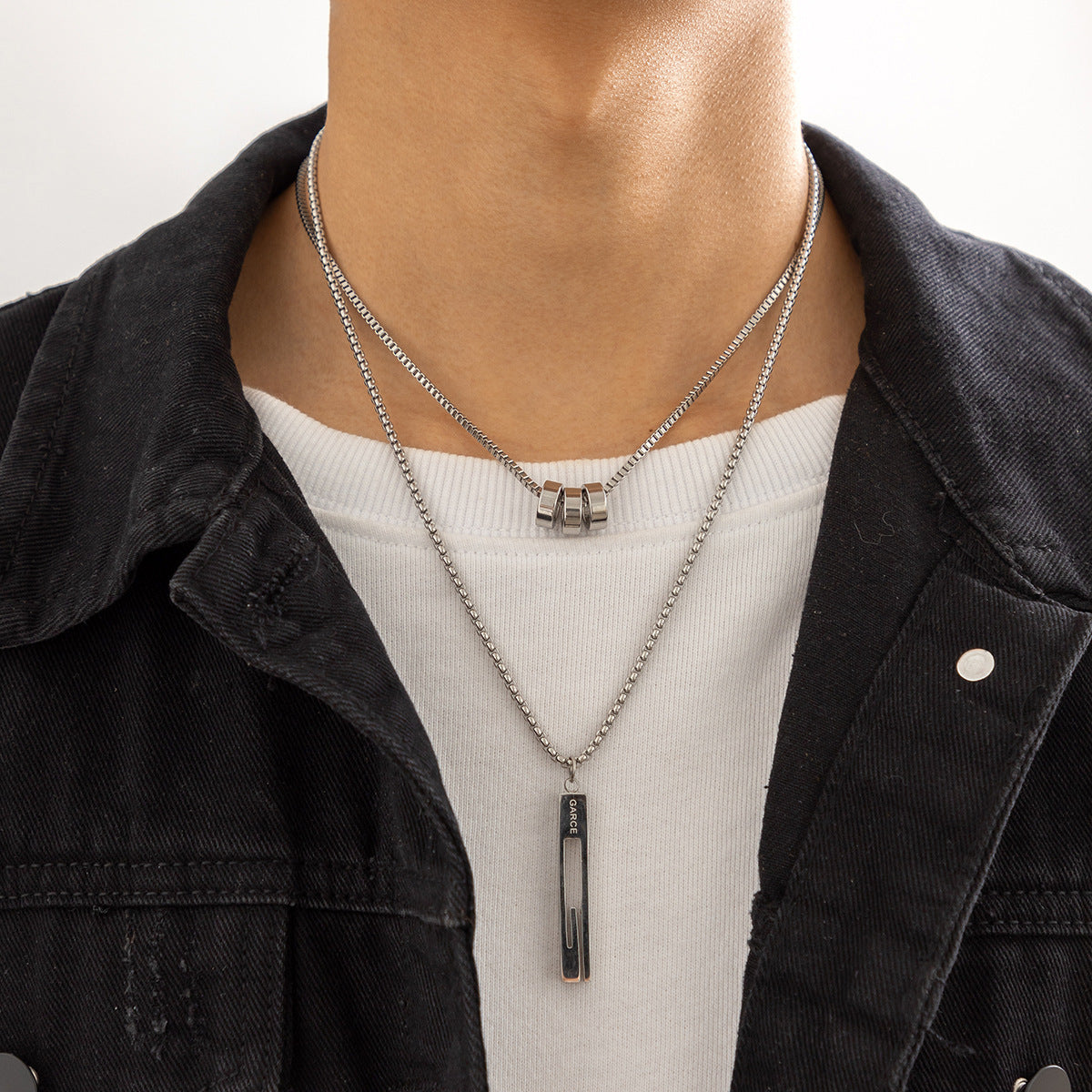 Men Fashionable Long Bar Ring Double Layered Design Hip-Hop Style Necklace