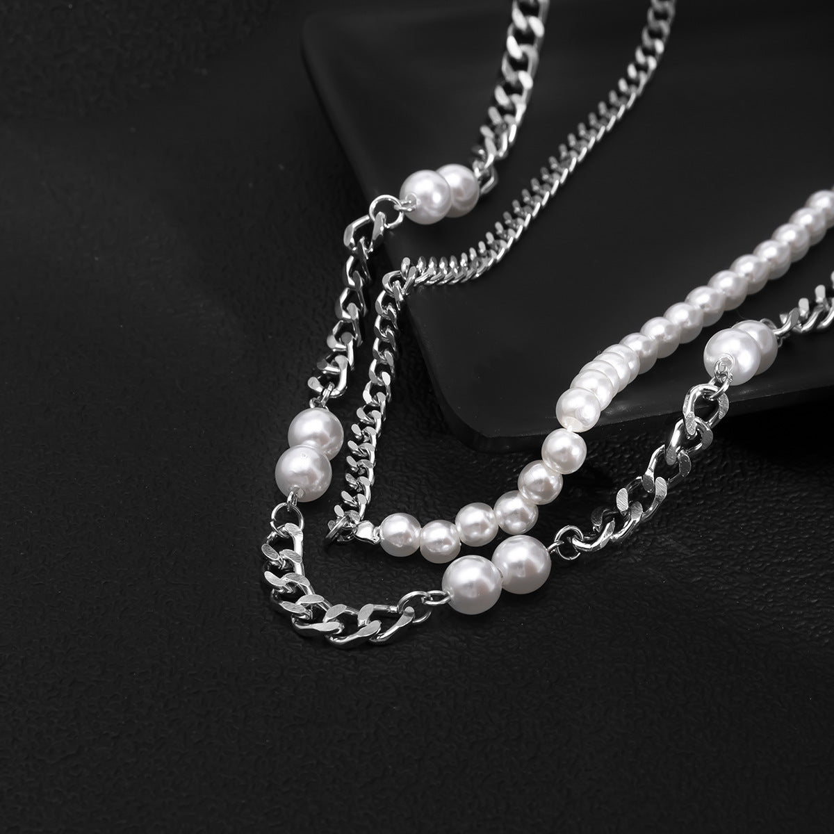 Men Fashion Hip Hop Double Layered Pearl Necklace