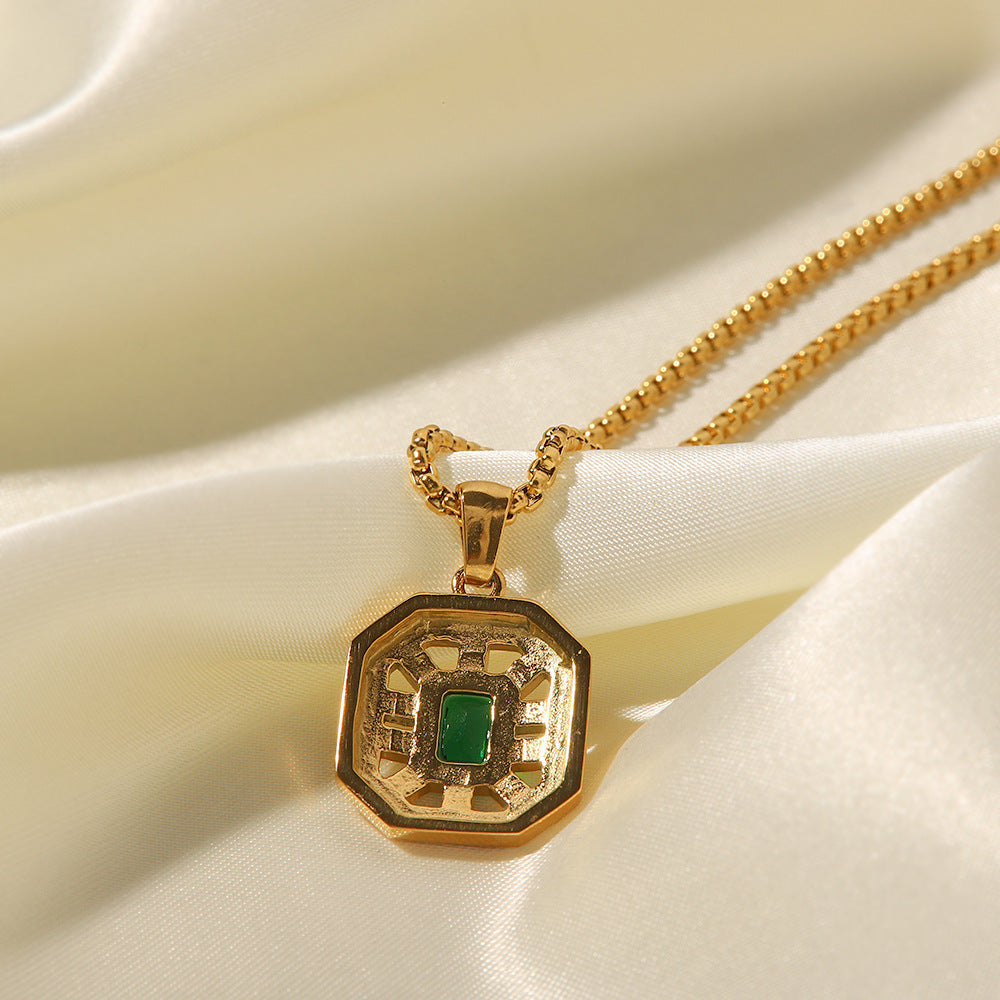 18K gold plated inlaid green zircon simple versatile necklace