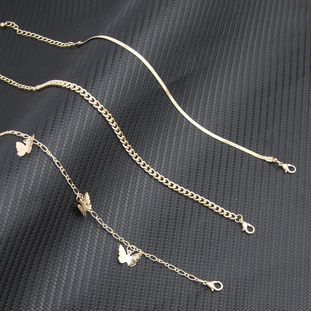 F10.Layered Chain Butterfly Pendant Anklet Set - Elle Royal Jewelry