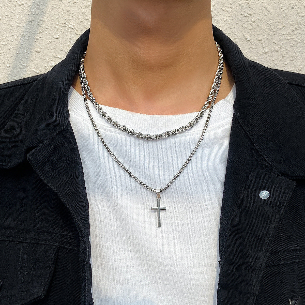 Men Simple fashion double stacked cross design pendant necklace