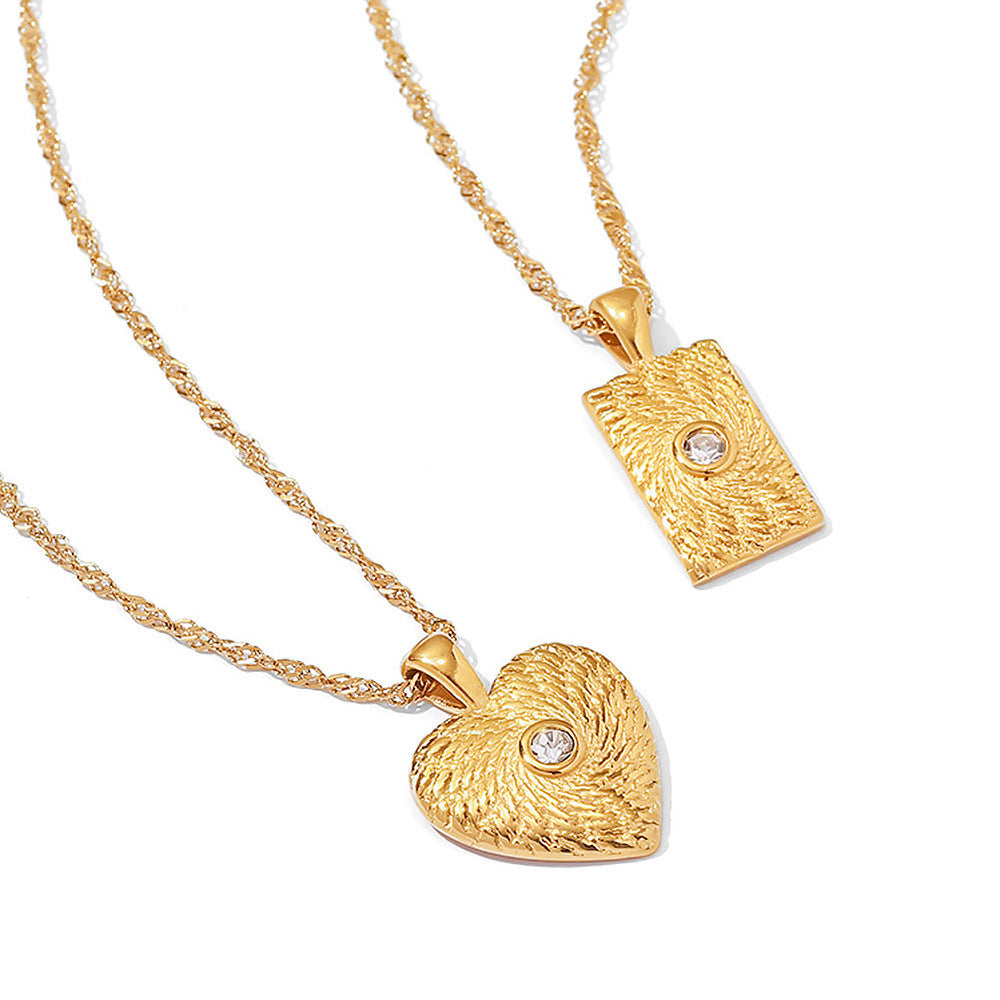 18K Gold Plated Zircon Geometric Texture Square/Heart Pendant Necklace