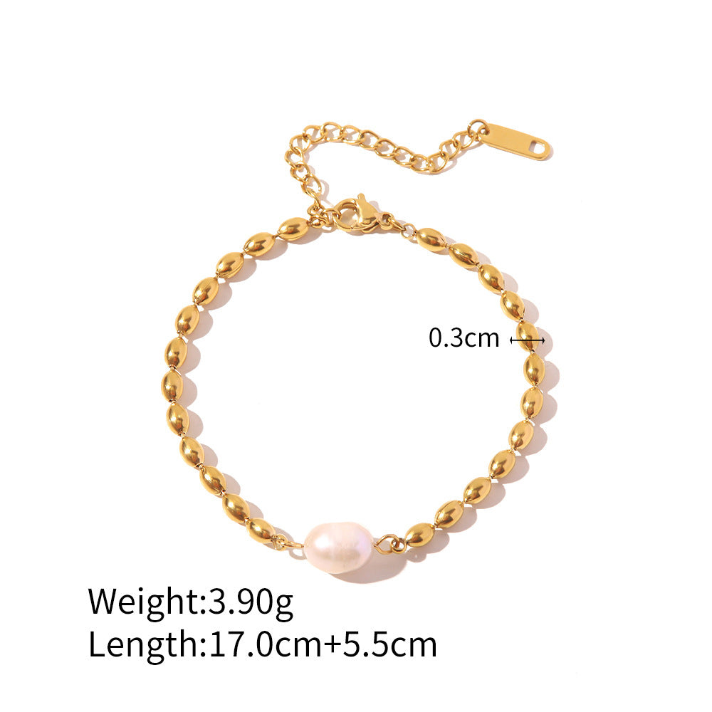 18K Gold Plated Inlaid Natural Freshwater Pearl Oval Gold Beanie Bracelet