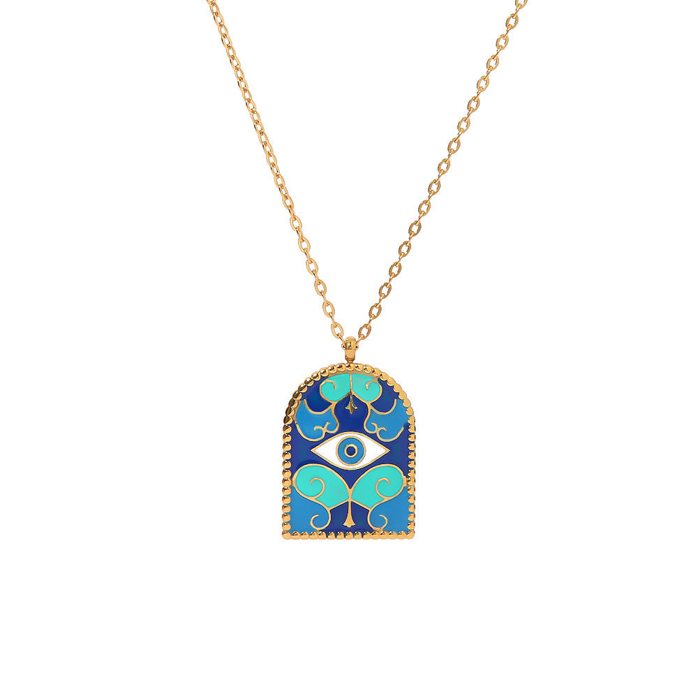 18K Gold Fashion Blue Ancient Roman Arch Eye Design Necklace