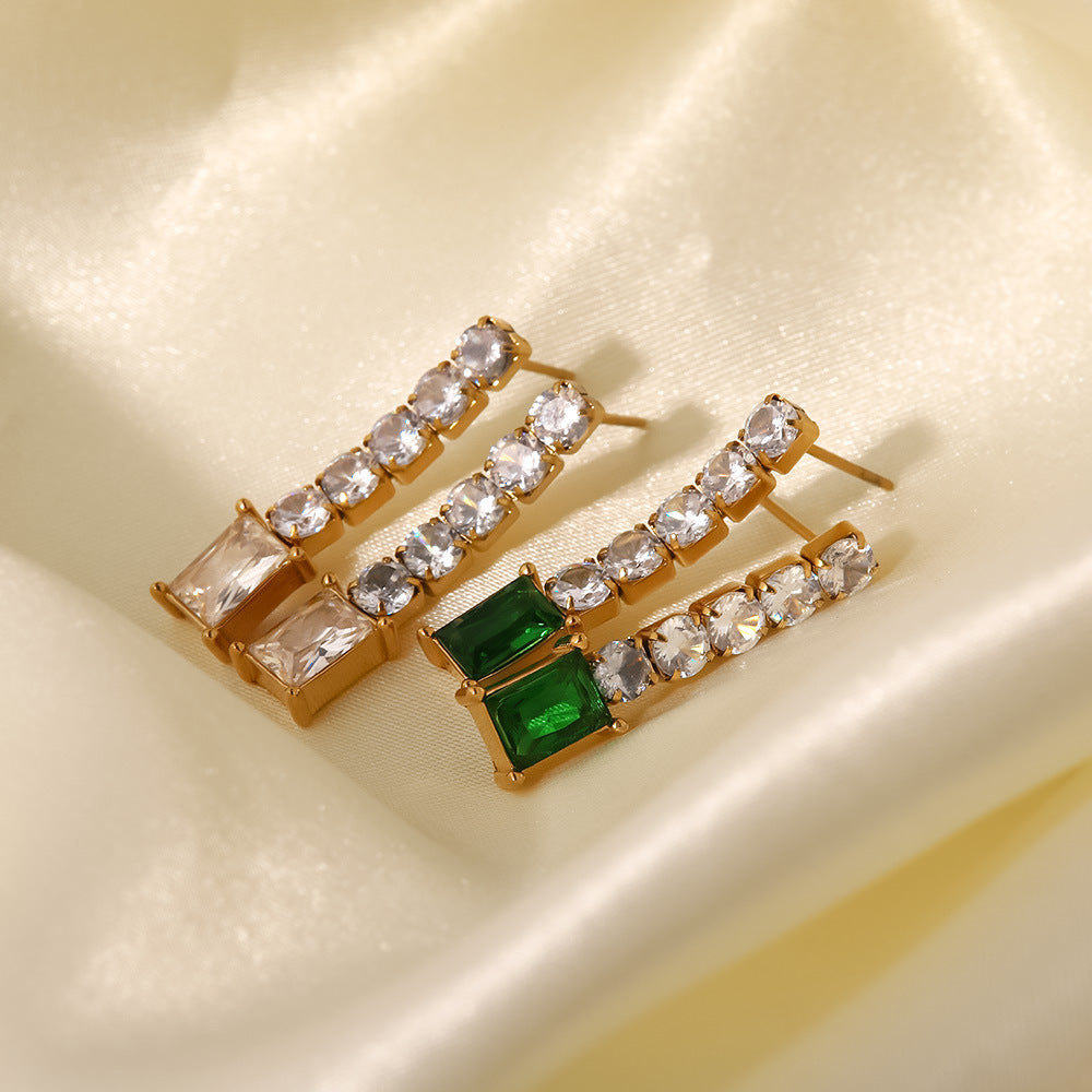 Fashionable and versatile inlaid green and white zircon pendant earrings