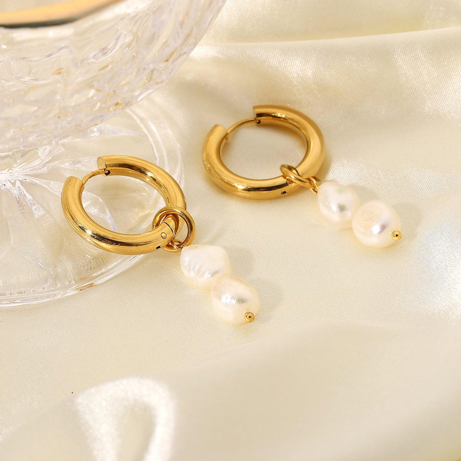 E16.18K Gold Pearl Drop Double Earrings - Elle Royal Jewelry