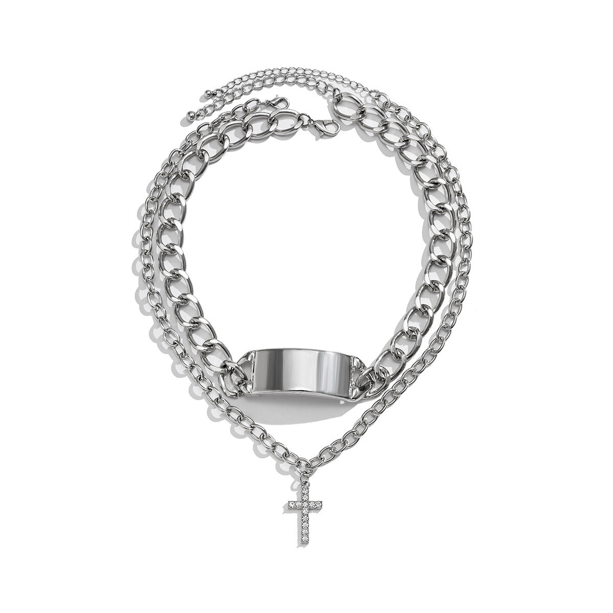 Men Fashionable hip-hop style diamond-encrusted cross double-layer stacking design versatile pendant necklace