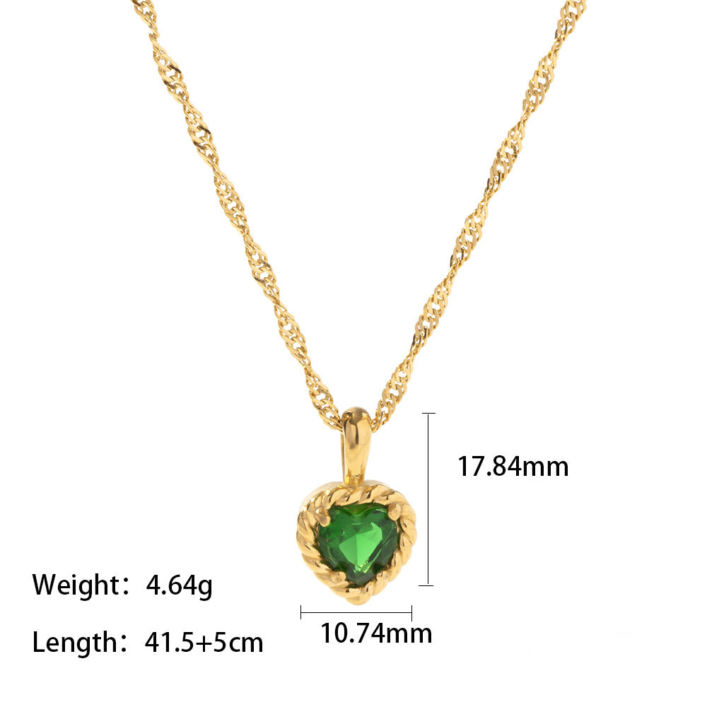 Inlaid white gold/pink/green zircon heart shaped pendant necklace