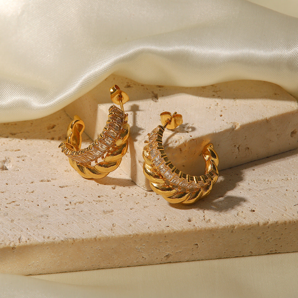 18K Gold C-Shaped White Zircon Earrings