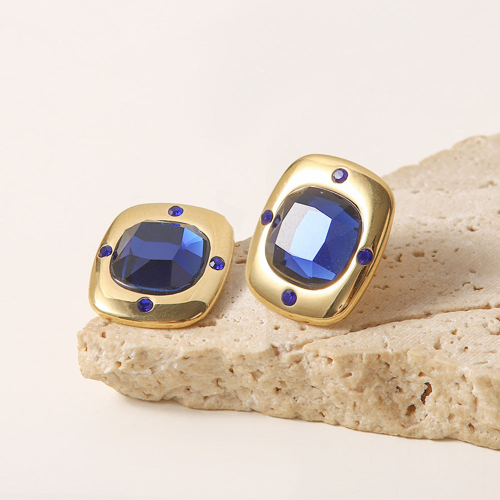 18K Gold Inlaid Large Royal Blue Faceted Glass Square Earrings