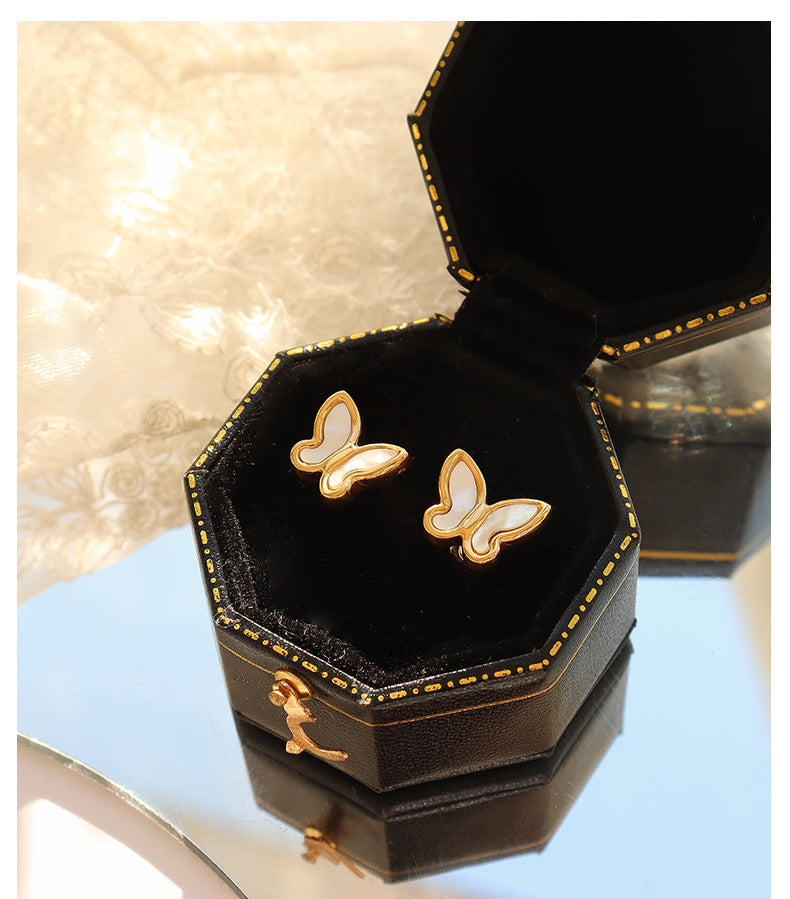 18k Gold Simple Butterfly White Seashell Design Necklace Earrings Set