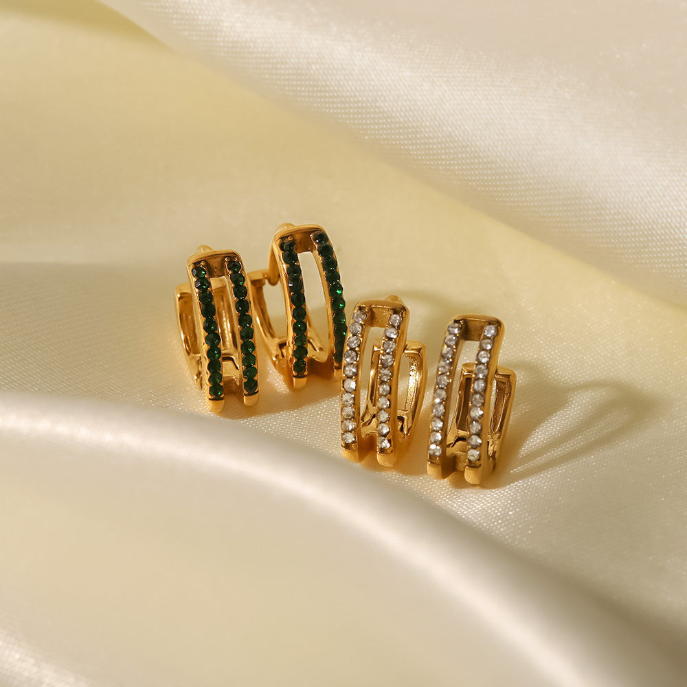 18K Gold Plated Double Circle Green/White Fine Diamond Earrings