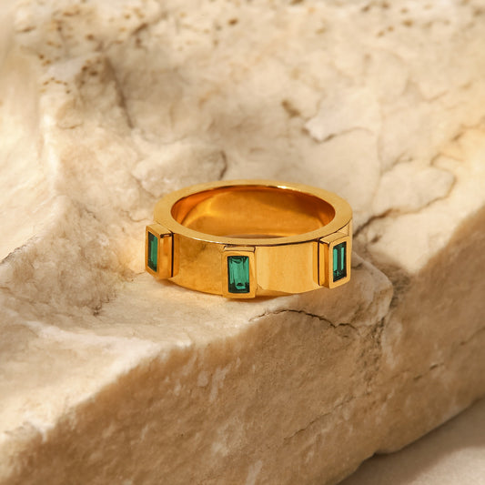 18K Gold Plated Green Baguette Zircon Ring