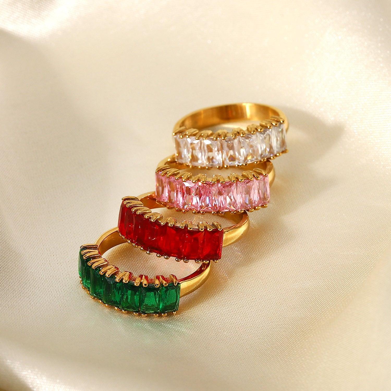 R22.18K Gold Half Circle Rectangular White/Red/Green/Pink Zircon Ring - Elle Royal Jewelry