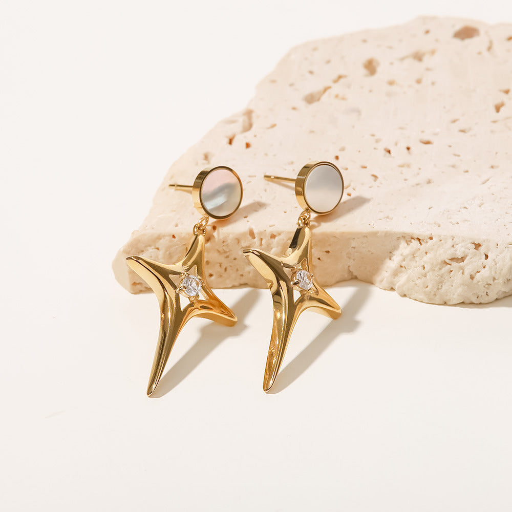 18K Gold Plated Zircon Star Openwork Shell Cross Drop Earrings