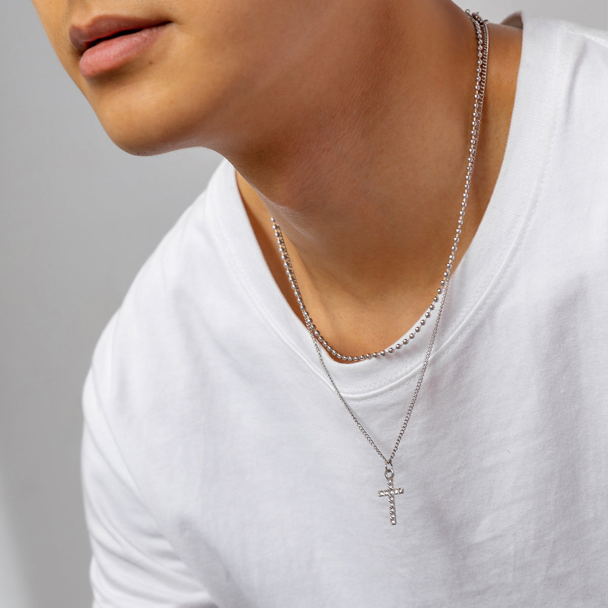 Men Retro light luxury double layered cross geometric diamond all-match pendant necklace