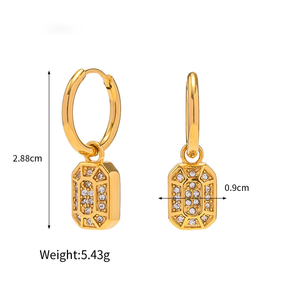 18K Gold Fashion Simple Square Diamond Pendant Design Versatile Earrings