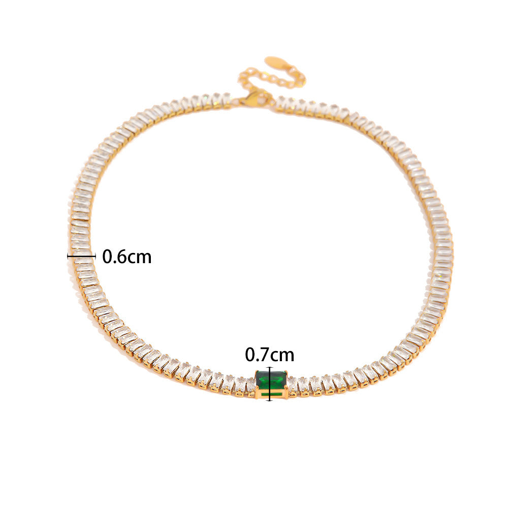 18K Gold Fashion Personality Square Inlaid Green Zircon Design Bracelet Necklace Set