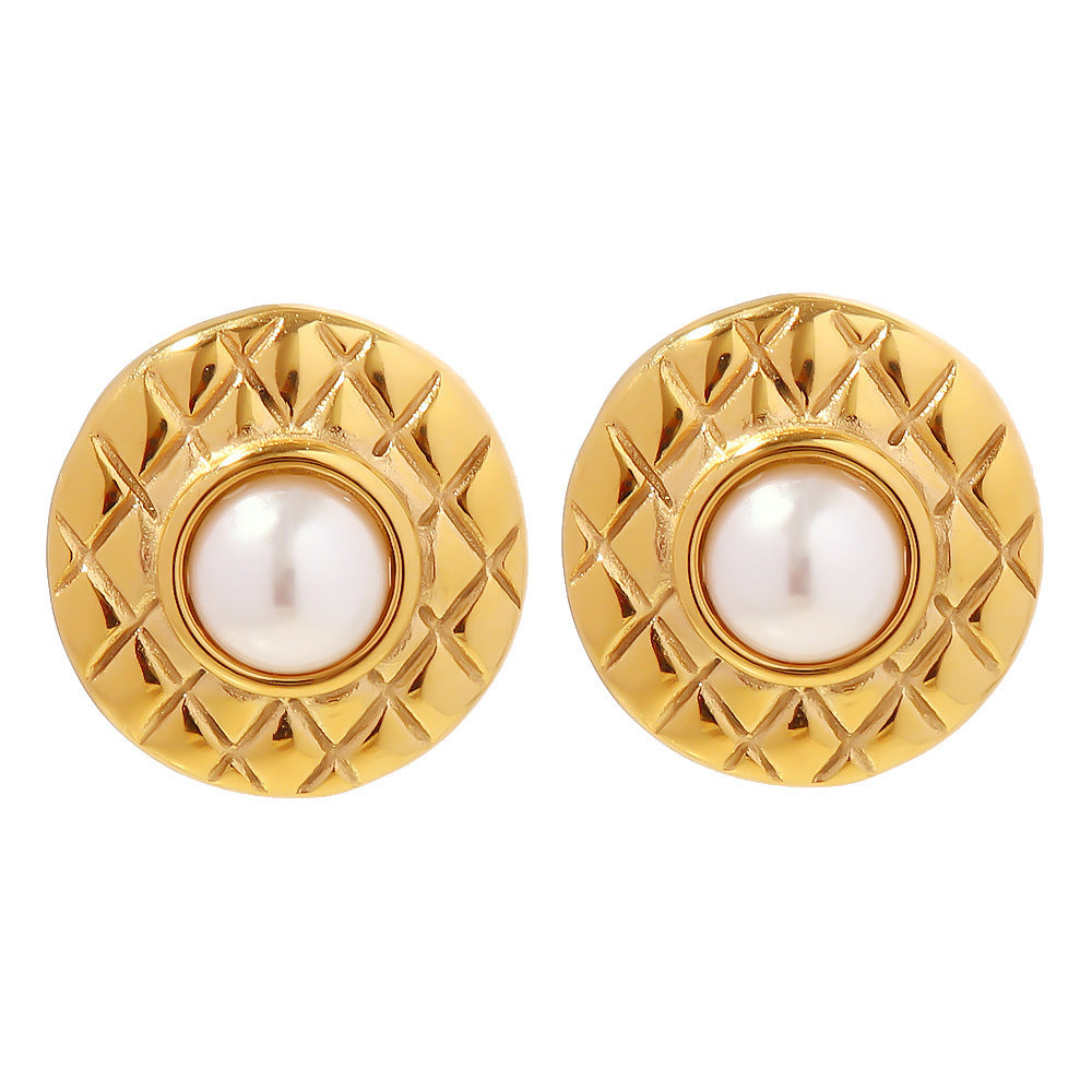 18K Gold Exquisite and Fashionable Diamond Pattern Inlaid Pearl Design Versatile Earrings