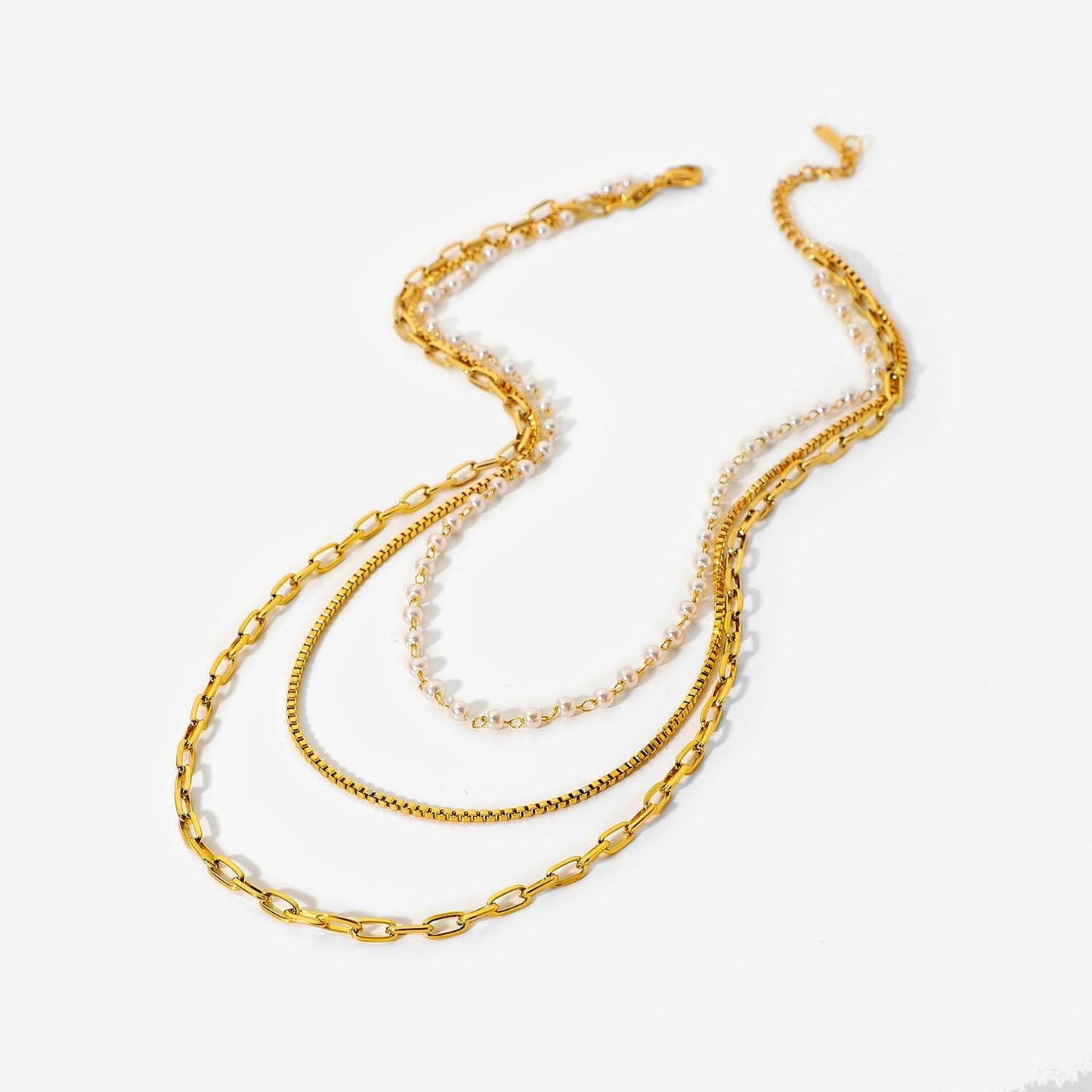 N33.Small Pearl 18K Gold Chain Three Layer Necklace Women - Elle Royal Jewelry